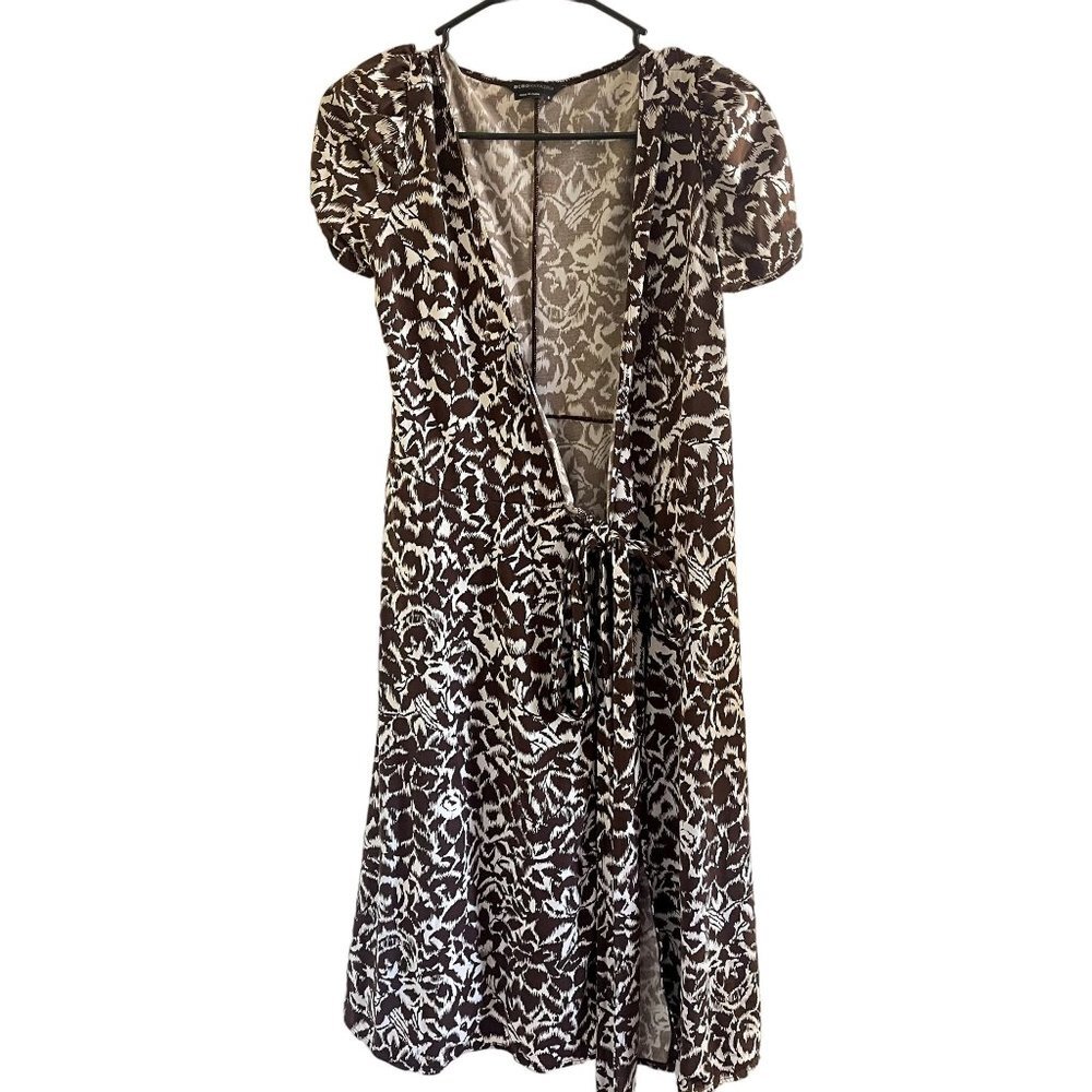 BCBGMAXARIA Leopard Print Brown and Beige Wrap Tie Bow Dress